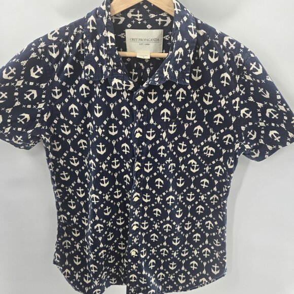 Obey Propaganda Navy Anchor 100% Cotton Short Sleeved Button Down Medium - Picture 1 of 12